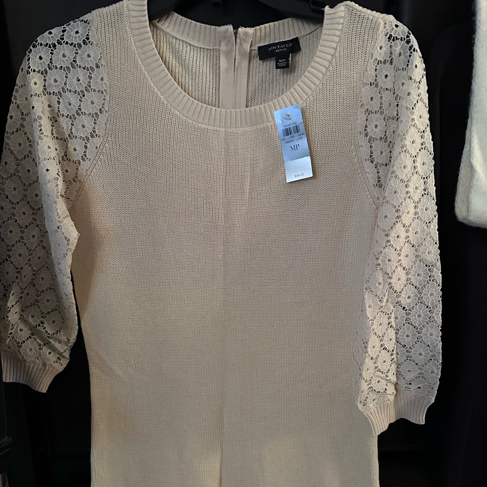Ann Taylor Ivory Knit Dress with Lace Sleeves + Michael Kors